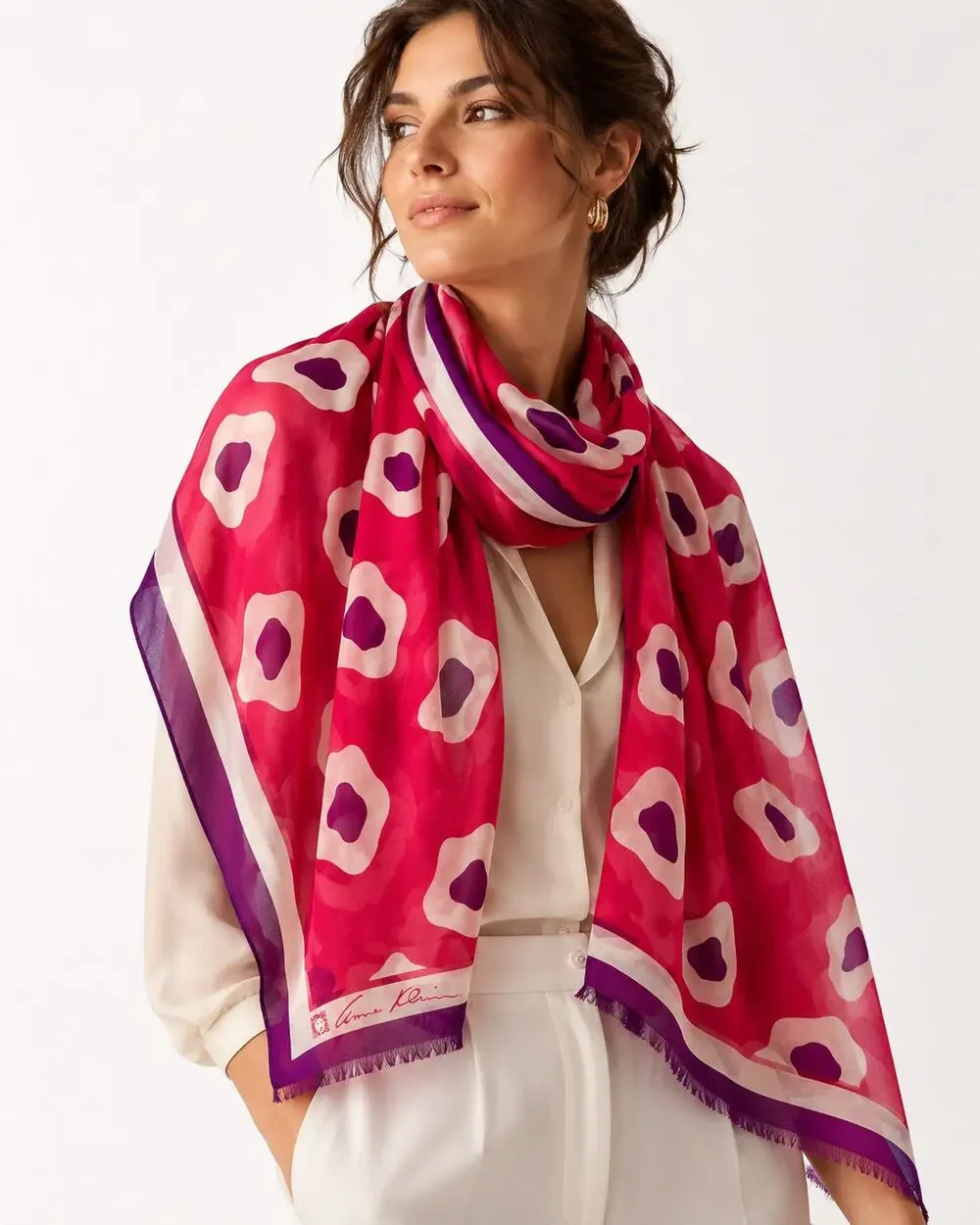 Anne Klein Vera Neumann Silk Scarf | Pink Purple Ivory Long Signed Scarf